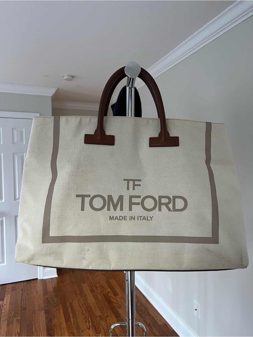 Authentic Tom Ford Cream Canvas Large Tote Bag with Brown Leather Handles